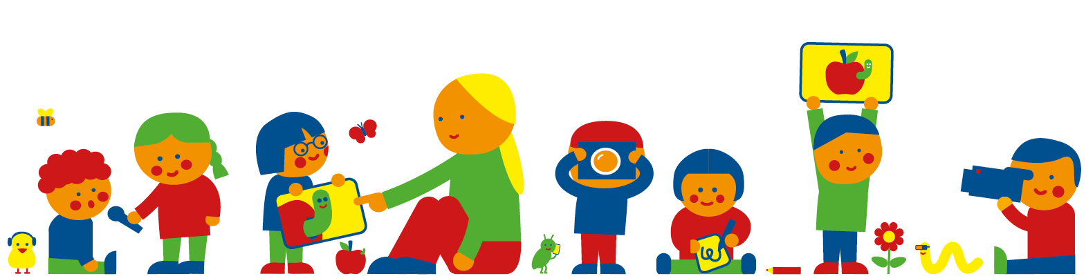 Logo f&uuml;r Medienbildungskonferenz, eine Reihe von Kindern, dazwischen eine Erzieherin, die von einem Kind ein Bild auf einem Tablett anschaut, Kinder die ein Podcast aufnehmen, Fotos oder Videos machen.