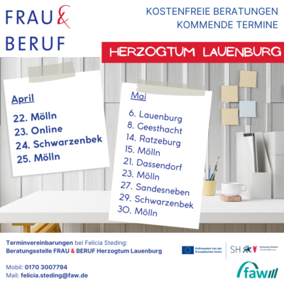 FrauBeruf-Übersicht Beratungen im April und Mai