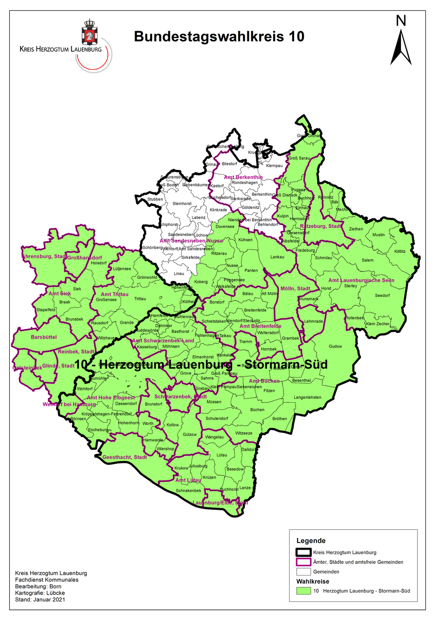 Bundestagswahlkreis 10 Herzogtum Lauenburg - Stormarn-Süd zur Wahl am 26.09.2021